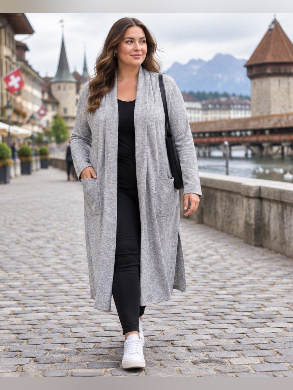 A New Day Gray Knit Open Front Duster Cardigan Sweater Pockets Cozy Soft XL
